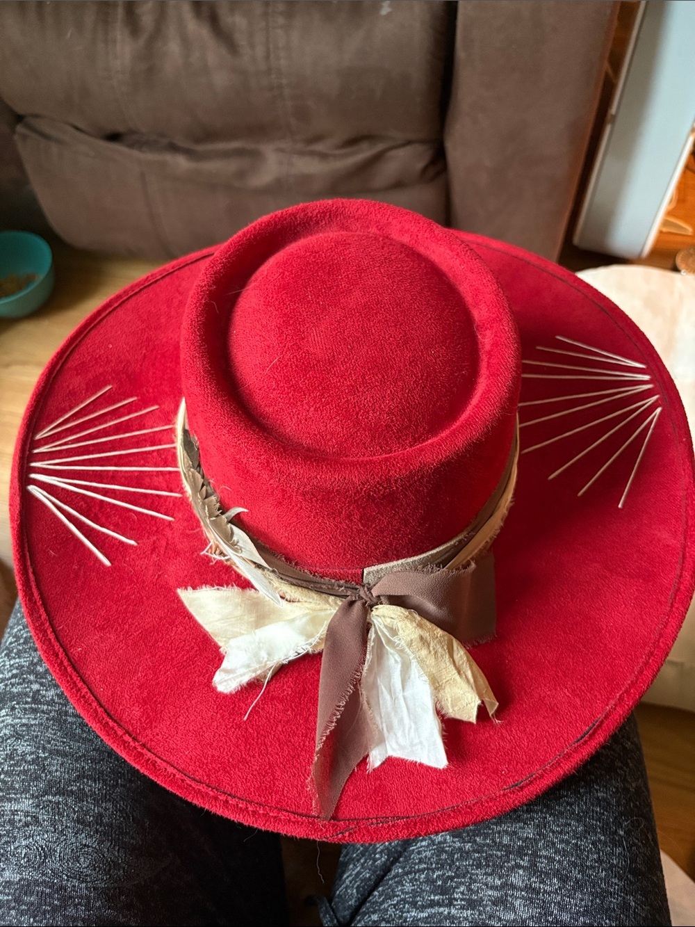 Petra Fashions Red Felt Wide-Brim Hat with Ribbon & Feather Accent
